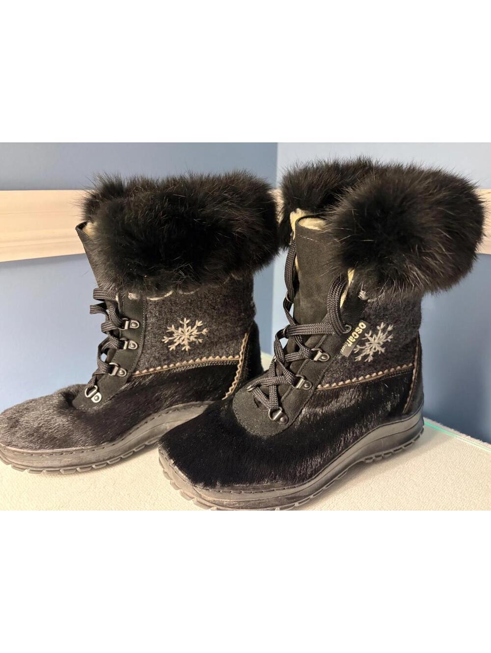 Oscar Sport Cristina Goat Fur Trim  Boots Sz 37 Black ~ Gray Snowflake’s Italy